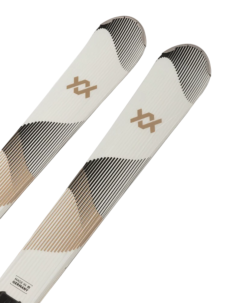 A pair of white 2027 Volkl Shine 76 skis that come with bindings and are designed for intermediate female skiers.