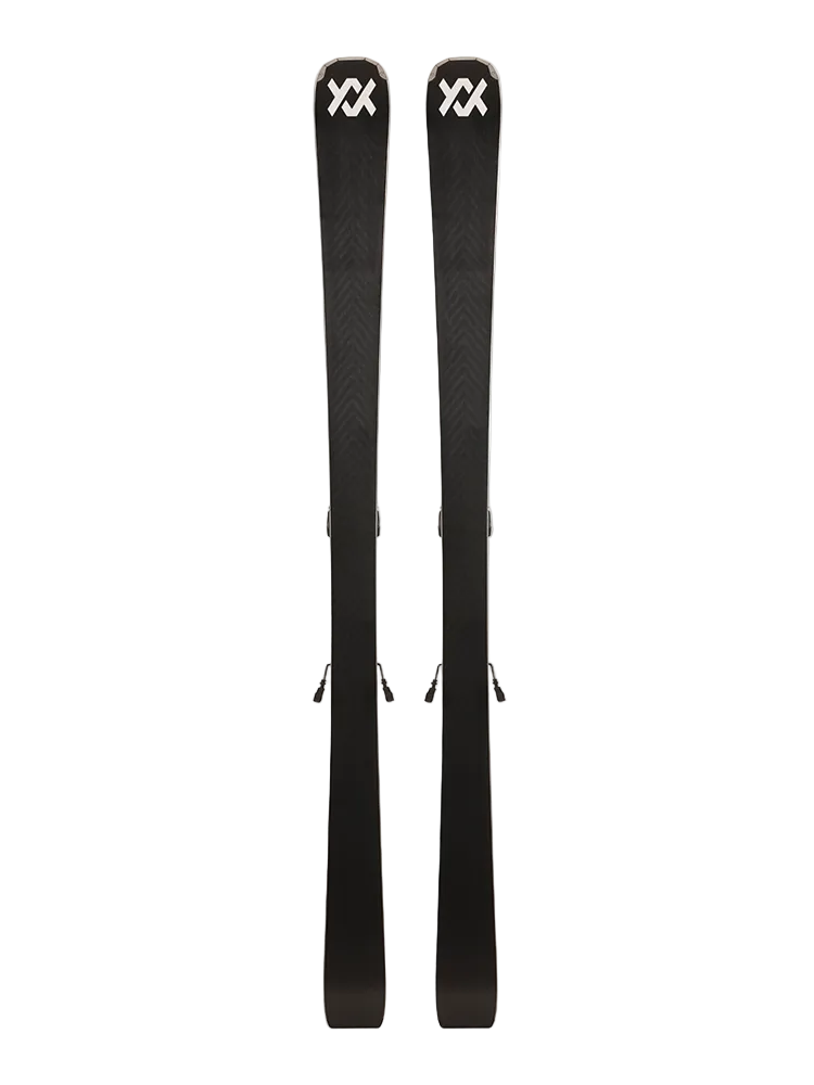 A pair of black, white, and teal 2027 Volkl Shine 78 skis that are designed for advanced female on-piste skiers.