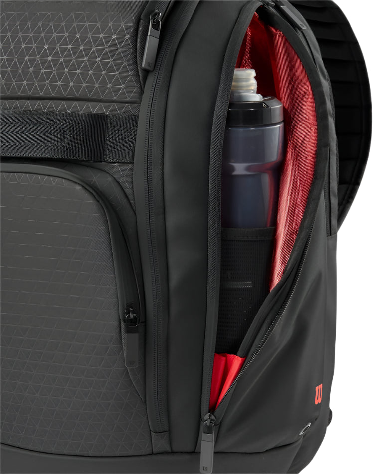 Wilson Clash V3 Super Tour Backpack featuring dedicated racquet storage, multiple compartments, premium construction, and Clash-inspired styling.