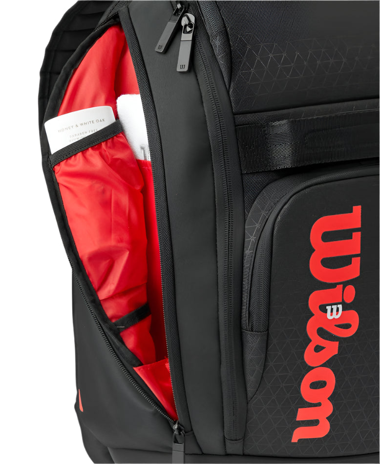 Wilson Clash V3 Super Tour Backpack featuring dedicated racquet storage, multiple compartments, premium construction, and Clash-inspired styling.