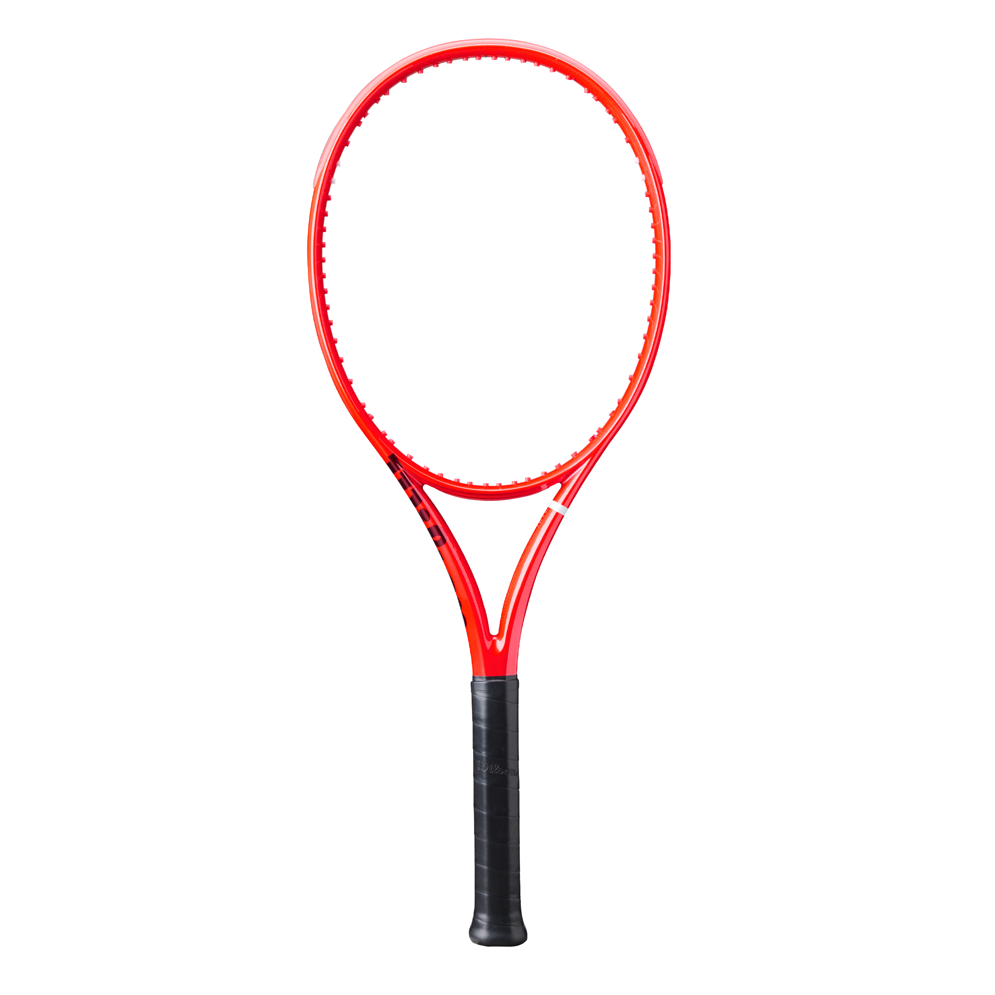 A red Wilson Defyer 100 Tennis Racket that is designed for spin.