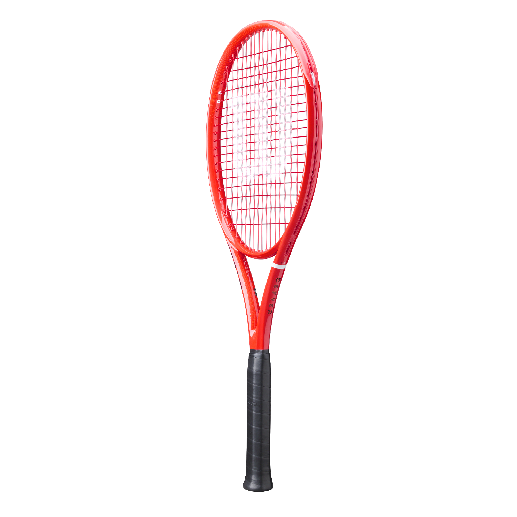 A red Wilson Defyer 100L V1 tennis racket that features a lightweight design and is designed for spin.