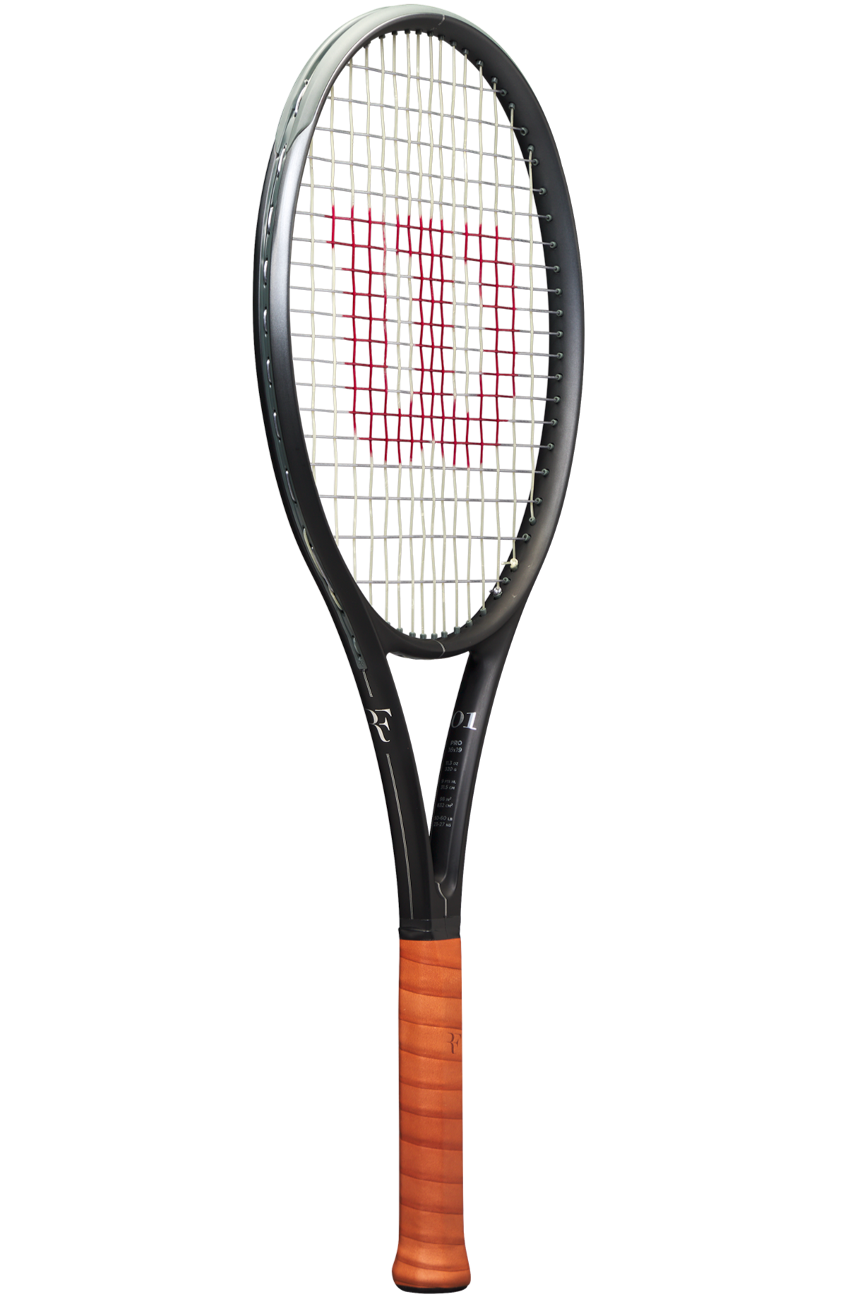 A Wilson RF 01 Pro high-performance control tennis racket that shows off its clean black and silver colouring, premium leather grip, and RF Roger Federer logo