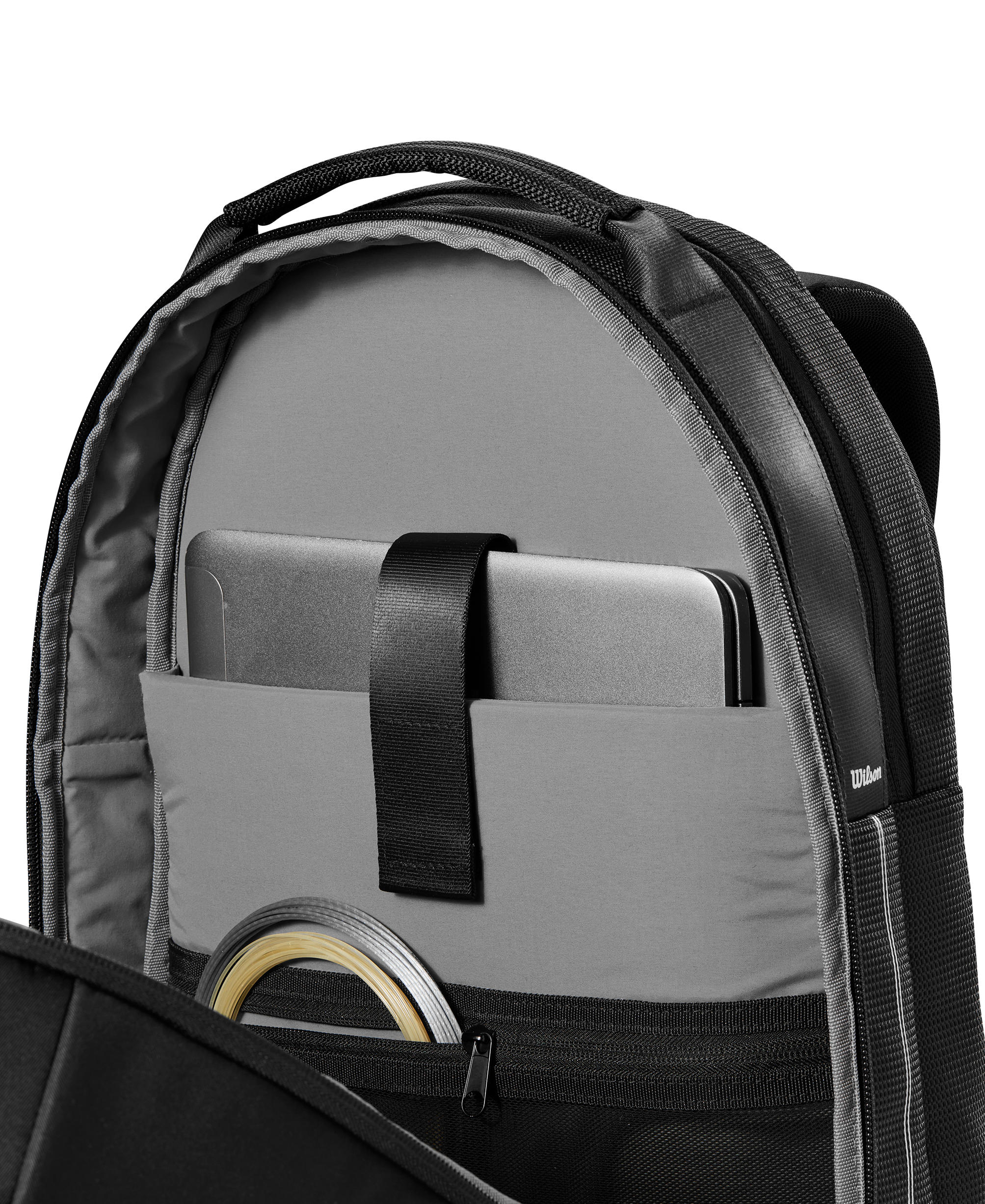 Wilson RF Backpack featuring Roger Federer-inspired styling, dedicated racquet storage, multiple compartments, and premium construction.