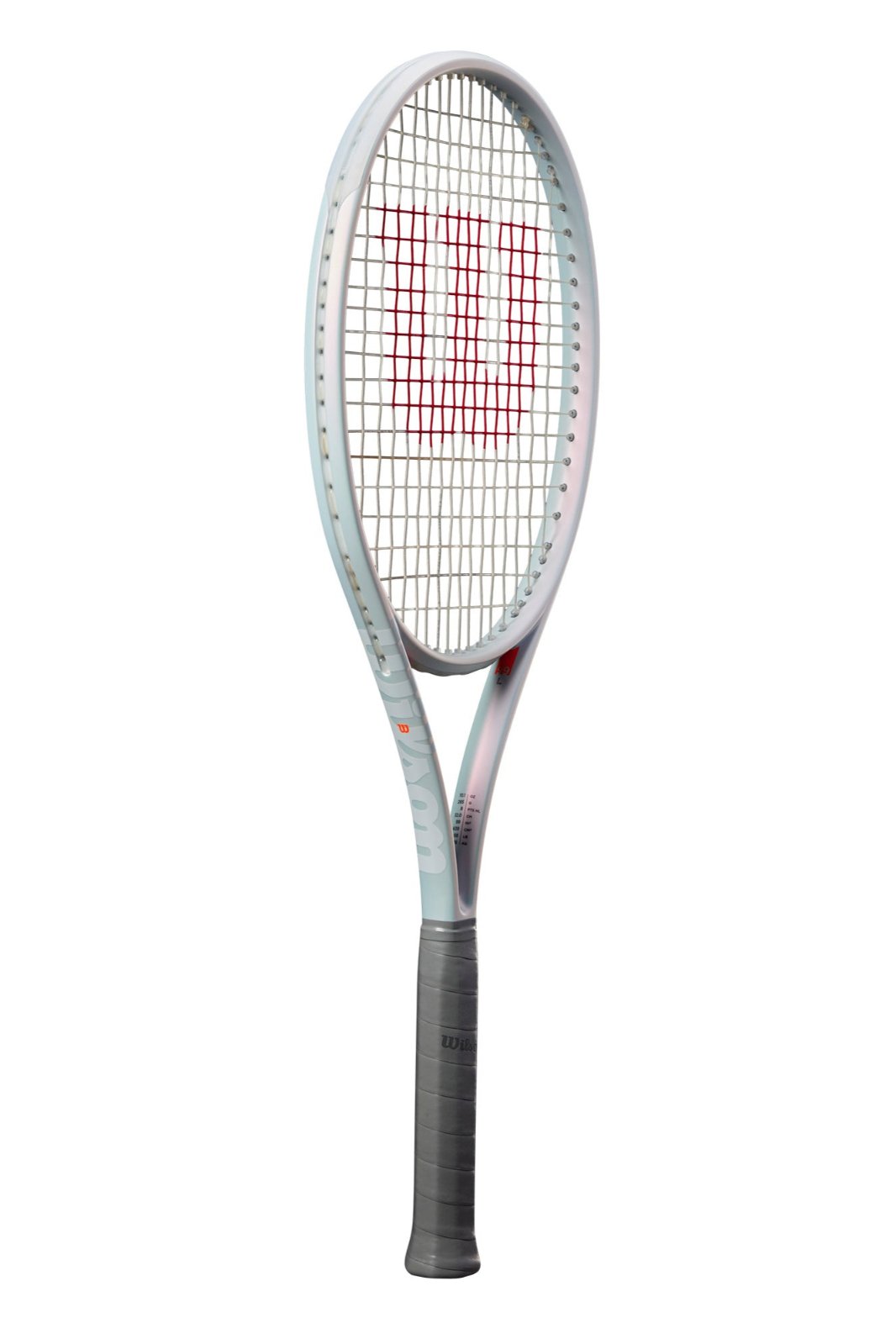 A Wilson Shift 99L V1 high-performance spin tennis racket in an iridescent silver colour
