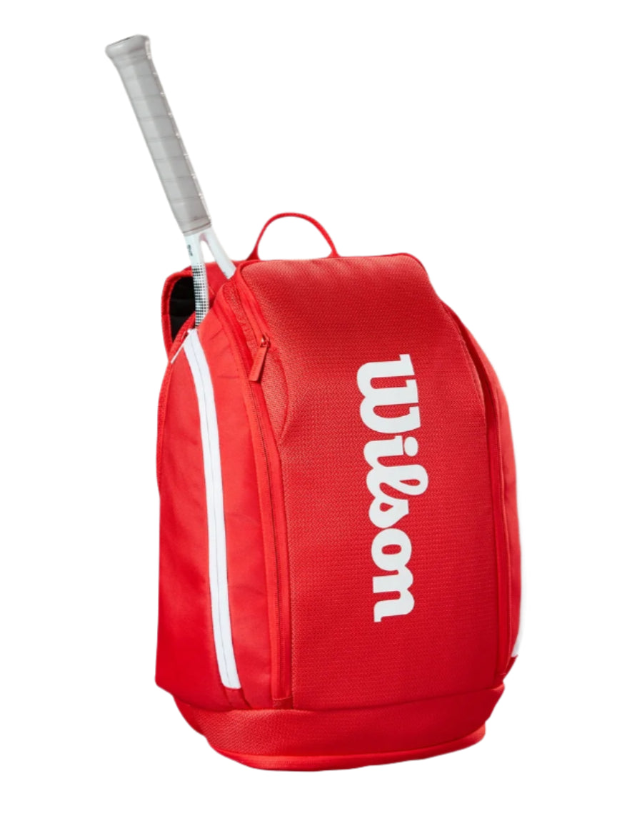 Wilson Super Tour Backpack featuring dedicated racquet storage, multiple compartments, padded shoulder straps, and premium construction.