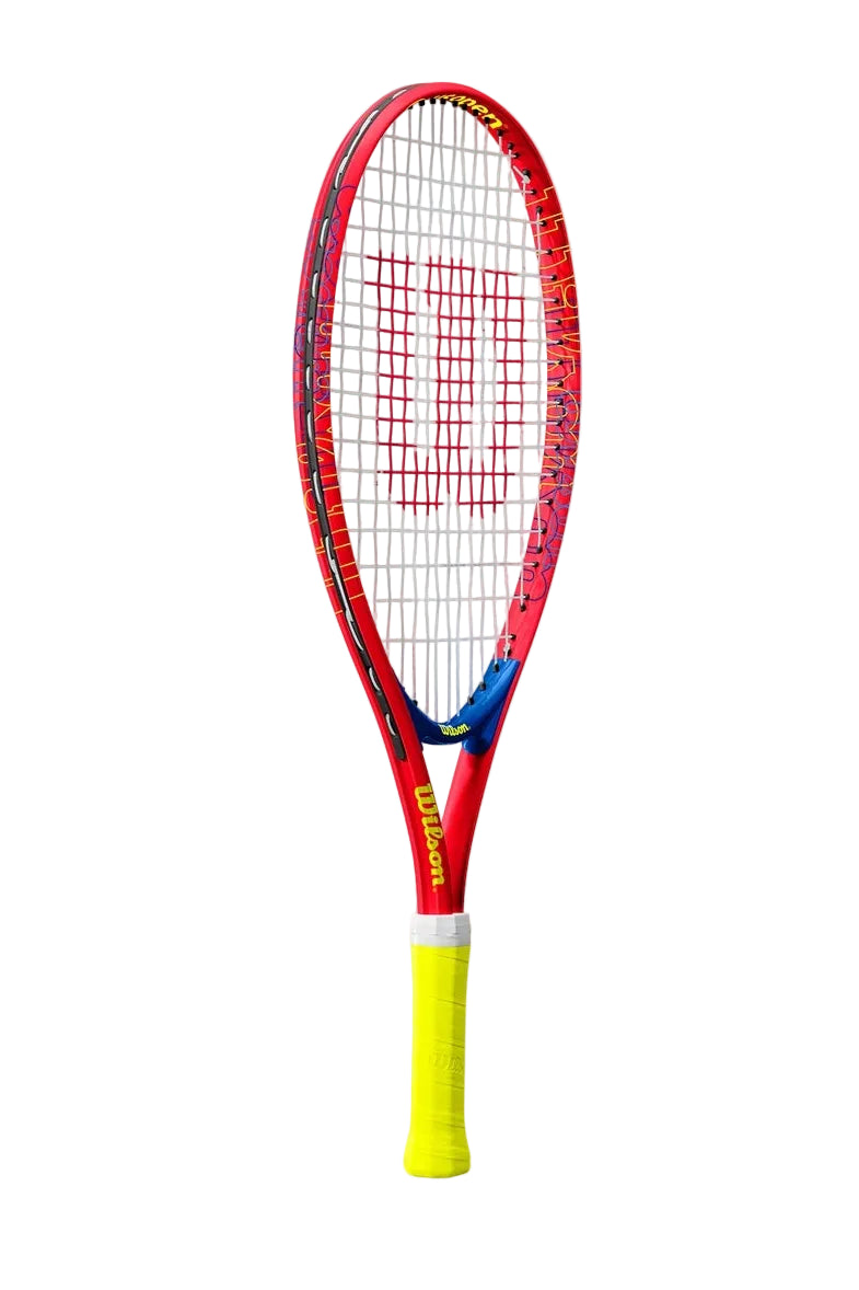 A Wilson US Open 23" Junior Tennis Racket that showcases its red frame and yellow grip