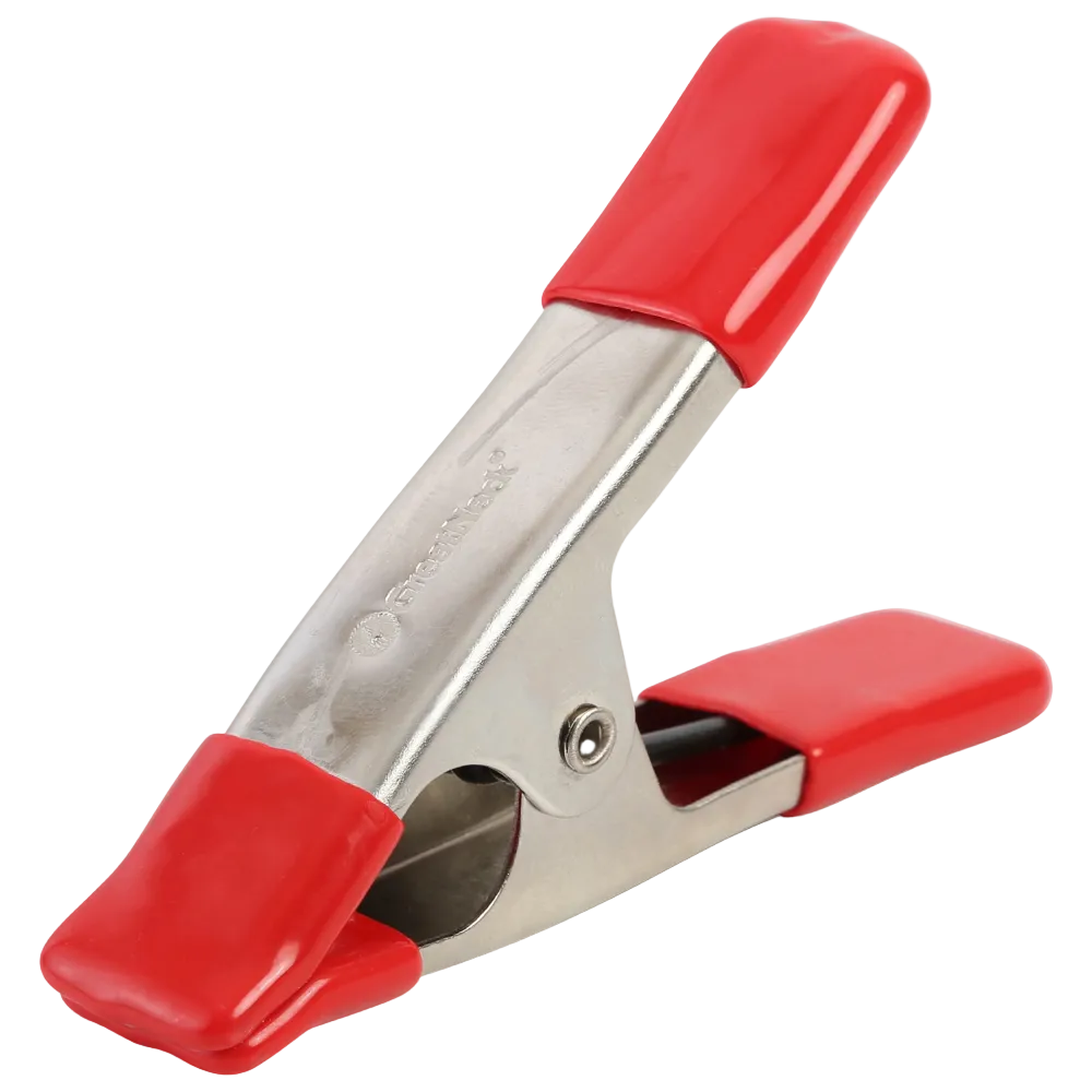 A Wintersteiger Greatneck 1" Steel Spring Clamp showing nickel-plated steel body, high-tension coil spring, 1-inch jaw opening, non-marring vinyl-dipped jaw tips, and red vinyl-coated handles.