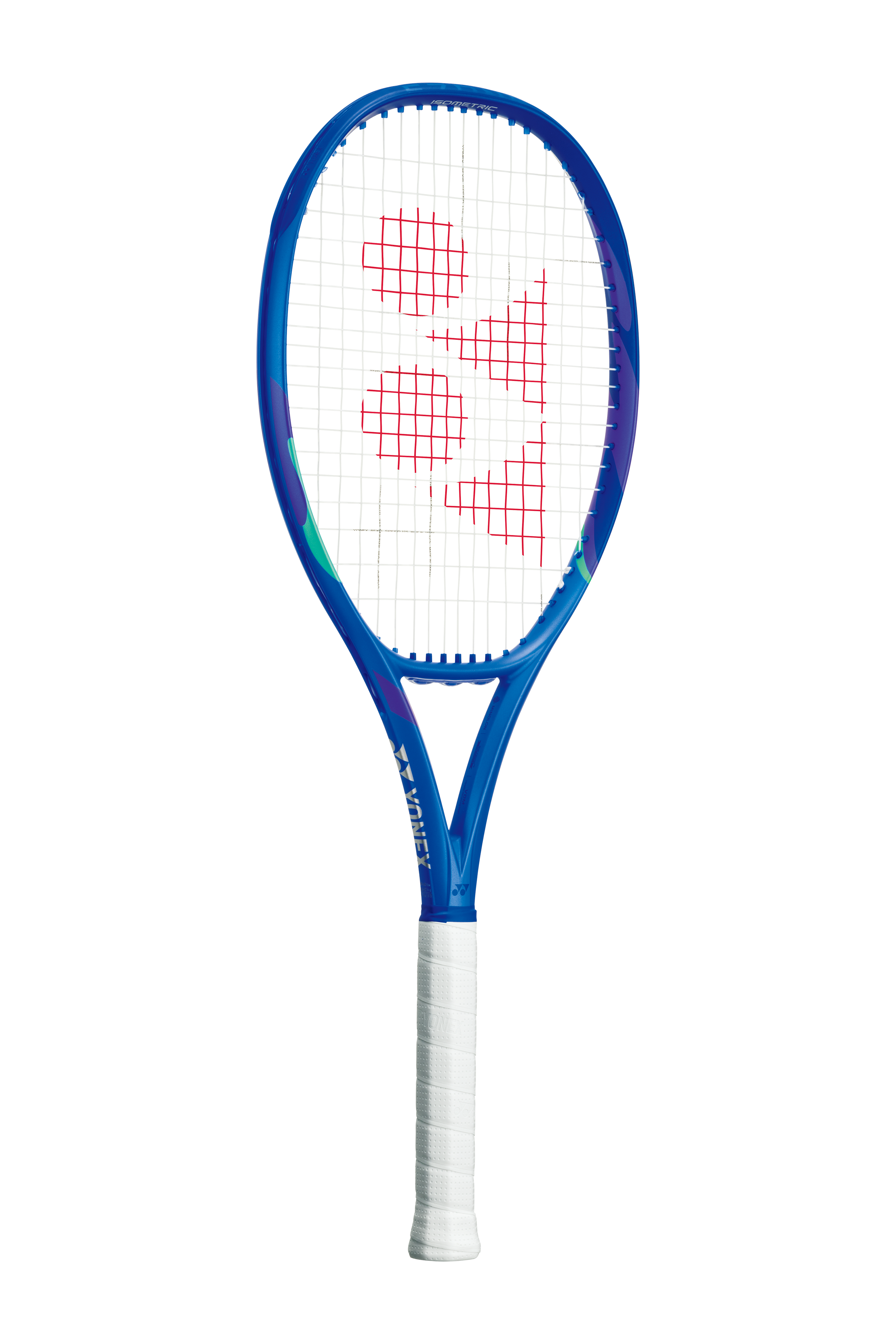 A Yonex Ezone 100 V8 (2025) high-performance power tennis racquet with a blue frame and white grip.
