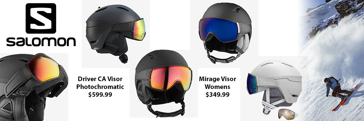 Salomon Mens Driver CA Photochromatic & Womens Mirage Visor Ski Helmets available at Swiss Sports Haus 604-922-9107.