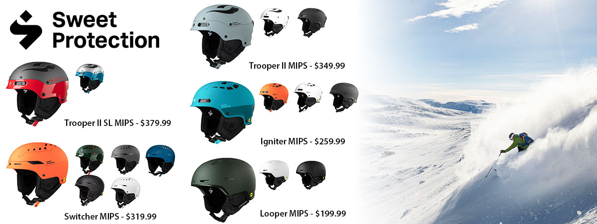 Sweet Protection Trooper II, Switcher, Igniter and Looper MIPS ski helmets available at Swiss Sports Haus 604-922-9107.
