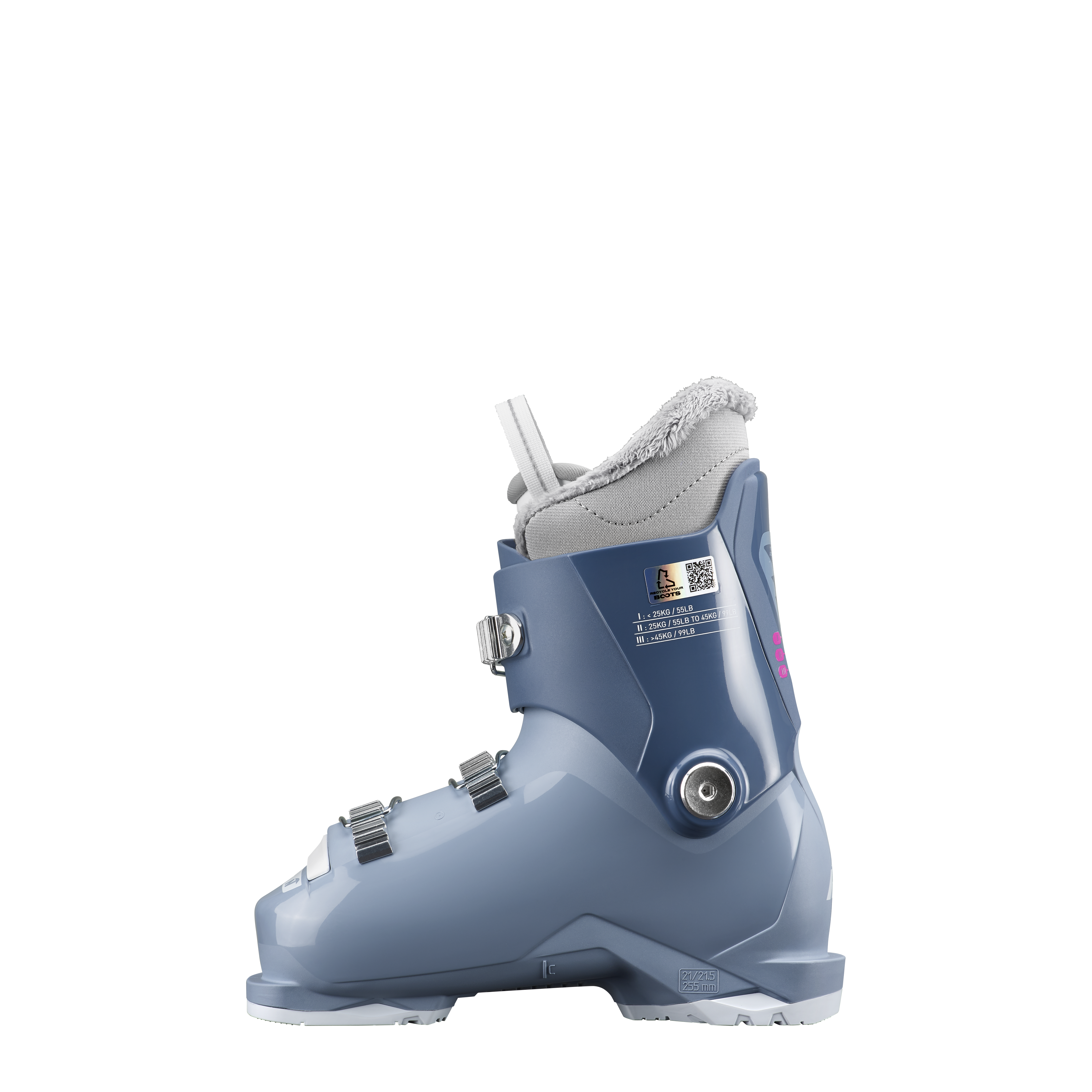 Nordica Speedmachine J 3 Girl junior ski boots in Blue/Light Blue/Fucsia, a moderate-flex boot for developing young skiers.