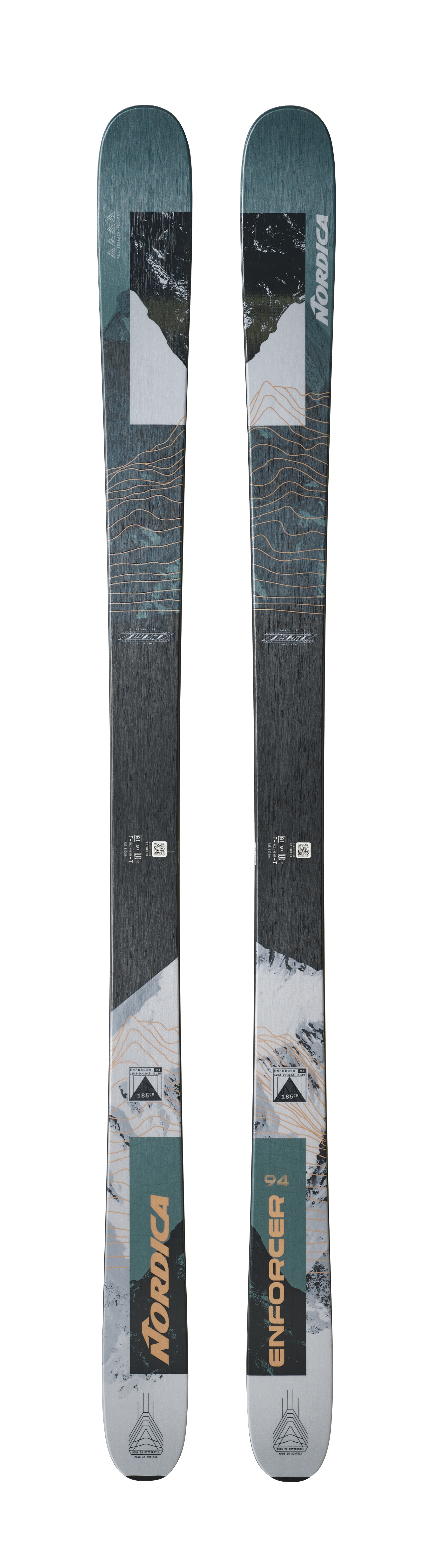 Nordica Enforcer 94 skis in Petrol/Grey, a versatile 94mm-waist all-mountain ski for confident all-terrain performance.