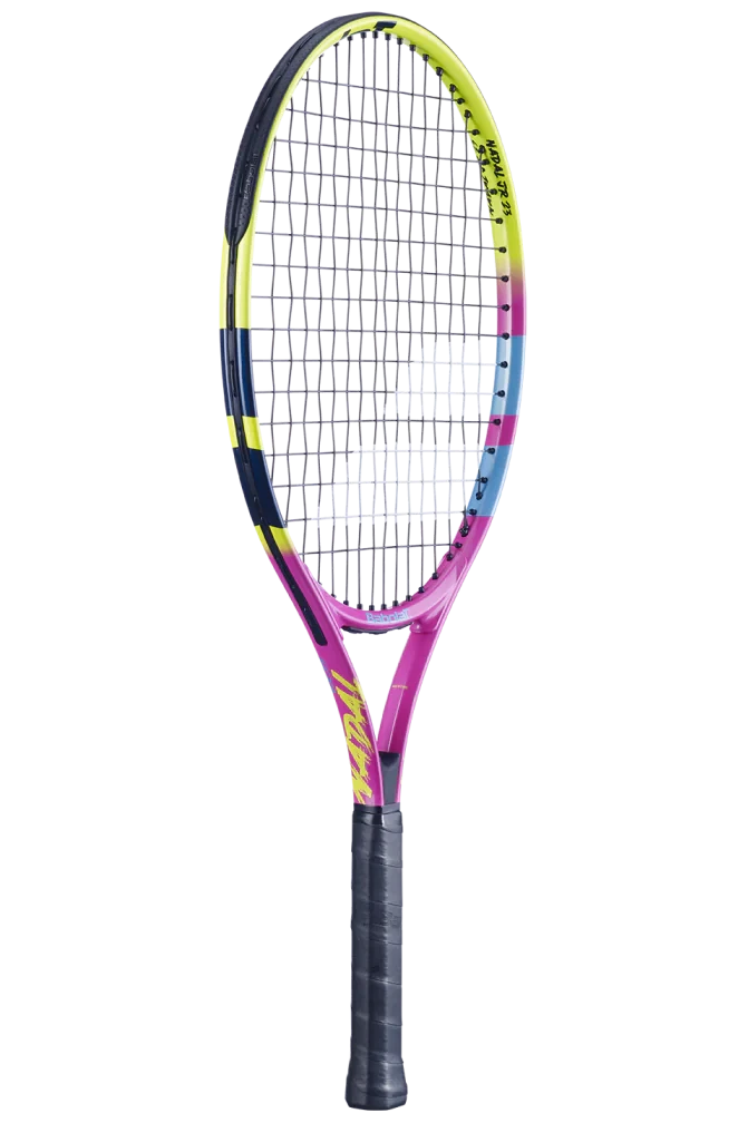 Babolat Nadal Jr 23 Strung, junior tennis racket, kids' tennis racket, lightweight junior tennis racket, Babolat tennis gear, tennis equipment for kids, beginner tennis racket, Rafael Nadal junior racket, tennis gear for young players, Swiss Sports Haus, West Vancouver tennis shop.