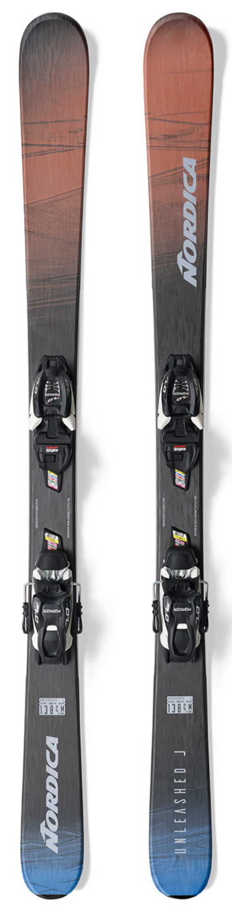 2024 Nordica Unleashed JR skis, Marker Vmotion 7 GripWalk bindings, youth skis, junior skis, ski equipment, skiing gear, high-performance skis, secure bindings, comfortable ski fittings, Swiss Sports Haus, West Vancouver ski shop, ski shop, winter sports gear, skiing accessories, ski bundle.