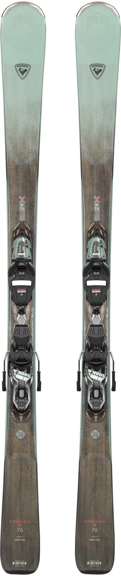 2025 Rossignol W Experience 76 skis, Xpress 10 GripWalk bindings, all-mountain skis, versatile skis, rocker-camber profile skis, secure ski bindings, easy-entry bindings, skiing gear, winter sports gear, ski shop, Swiss Sports Haus, West Vancouver ski shop, Rossignol skis, GripWalk bindings.