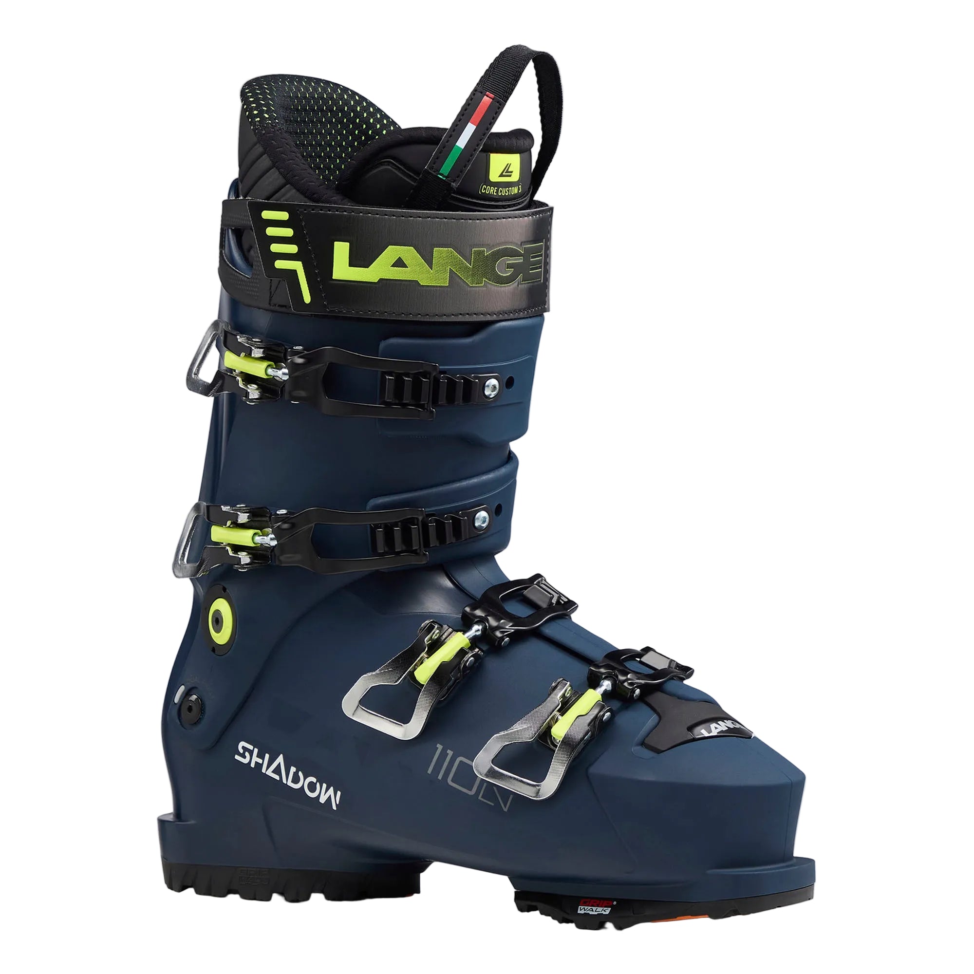 A navy blue and green 2026 Lange Shadow 110 LV Ski Boot that features a GripWalk sole.