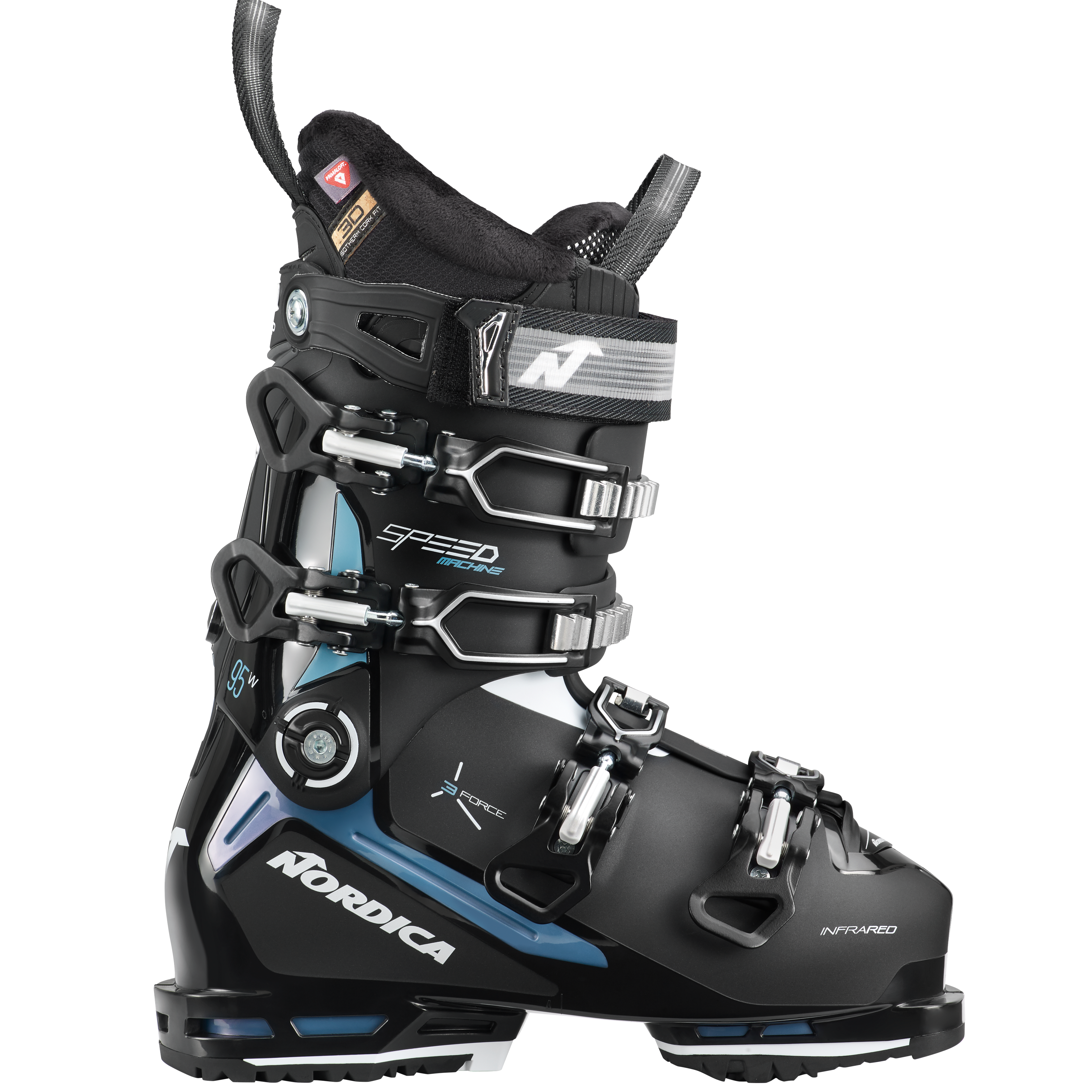 A black, blue, and white Nordica Speedmachine 3 95 W Ski Boot that features an adjustable cuff and GripWalk soles.