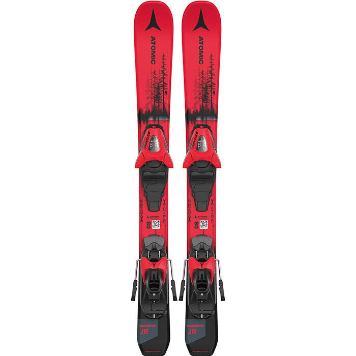 2024 Atomic Maverick Jr 70-90cm skis, C5 GripWalk bindings, junior skis, lightweight skis, durable skis, easy-to-use bindings, ski equipment for kids, ski gear for young skiers, skiing for children, ski shop, Swiss Sports Haus, West Vancouver ski shop, kids' skis, performance skis for juniors.