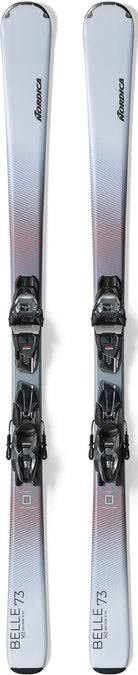 Two skis with bindings on a white background