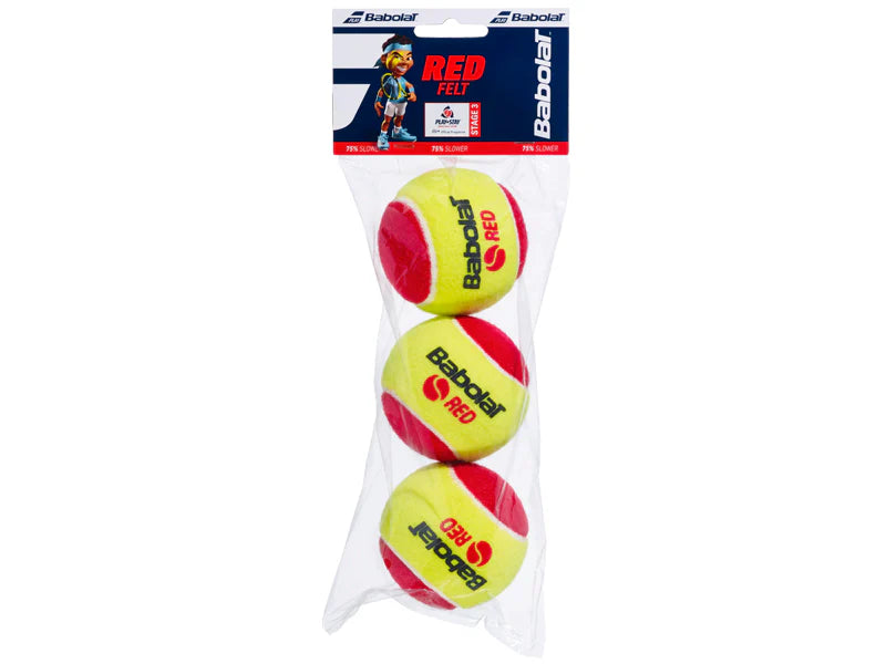 Babolat Stage 3 Red Tennis Ball 3 Pack, tennis balls, red tennis balls, Stage 3 tennis balls, beginner tennis balls, tennis training balls, low-compression tennis balls, tennis accessories, Babolat tennis balls, 3-pack tennis balls, tennis gear, tennis equipment, Swiss Sports Haus, West Vancouver sports store.