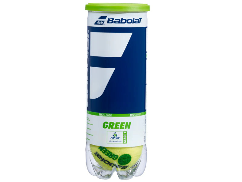 Babolat Stage 1 Green Tennis Balls, Stage 1 tennis balls, green tennis balls, tennis ball 3-pack, Babolat tennis balls, beginner tennis balls, low-compression tennis balls, training tennis balls, youth tennis balls, tennis practice balls, tennis gear, tennis accessories, Swiss Sports Haus, West Vancouver tennis shop.