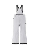 Rear view of white Reima Jr Terrie Pants featuring a waterproof Reimatec shell, detachable elastic suspenders, reinforced ankle scuff guards, and internal snow gaiters.
