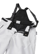 Close-up view of white Reima Jr Terrie Pants featuring a waterproof Reimatec shell, detachable elastic suspenders, reinforced ankle scuff guards, and internal snow gaiters.