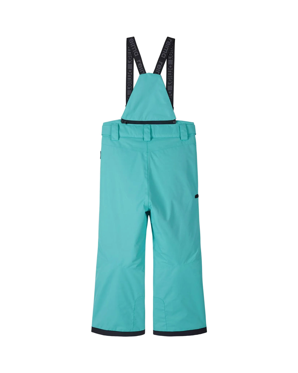 Rear view of aquamarine Reima Jr Terrie Pants featuring a waterproof Reimatec shell, detachable elastic suspenders, reinforced ankle scuff guards, and internal snow gaiters.