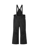 Front view of black Reima Jr Terrie Pants featuring a waterproof Reimatec shell, detachable elastic suspenders, reinforced ankle scuff guards, and internal snow gaiters.