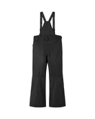 Rear view of black Reima Jr Terrie Pants featuring a waterproof Reimatec shell, detachable elastic suspenders, reinforced ankle scuff guards, and internal snow gaiters.