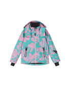 Front view of a light heather Reima Jr Posio Jacket featuring a waterproof Reimatec shell, detachable safety hood, zipped sleeve ski pass pocket, and integrated waist snow gaiter.