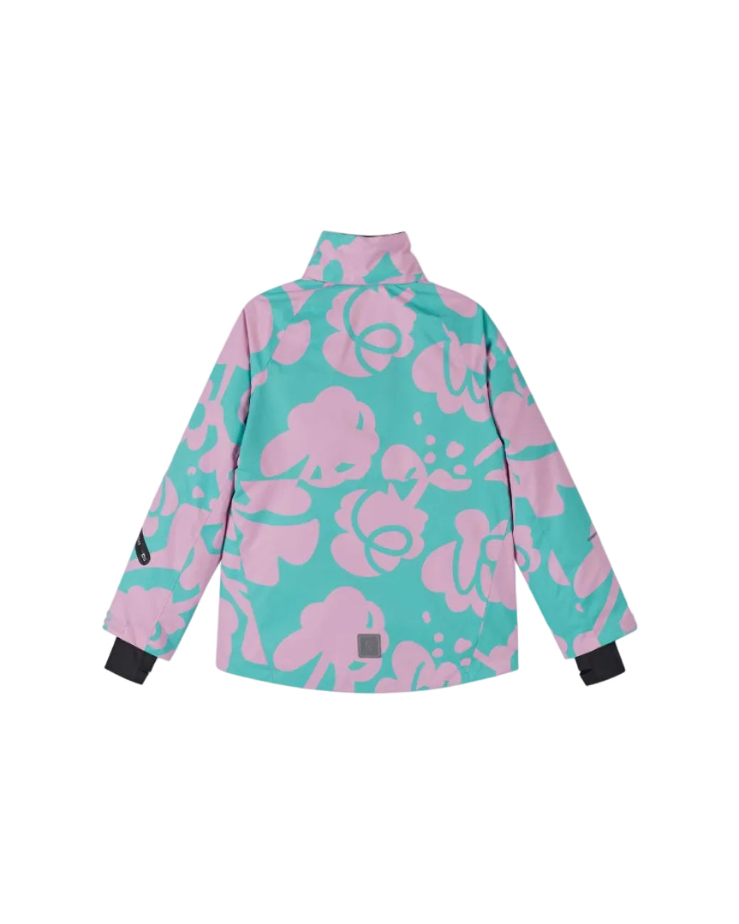 Rear view of a light heather Reima Jr Posio Jacket featuring a waterproof Reimatec shell, detachable safety hood, zipped sleeve ski pass pocket, and integrated waist snow gaiter.
