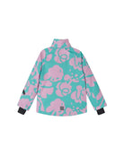 Rear view of a light heather Reima Jr Posio Jacket featuring a waterproof Reimatec shell, detachable safety hood, zipped sleeve ski pass pocket, and integrated waist snow gaiter.