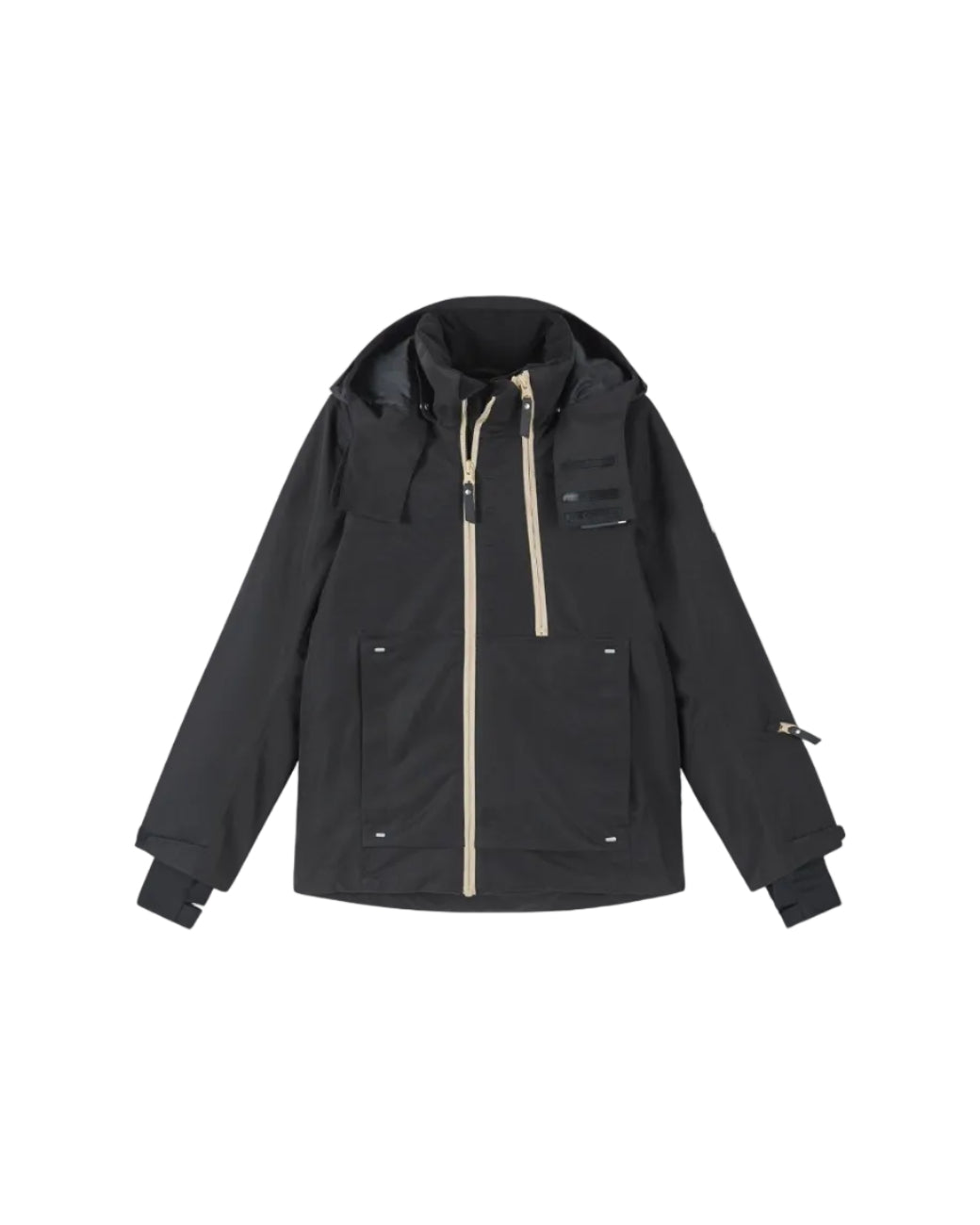Front view of a black Reima Jr Tieten Jacket featuring a waterproof Reimatec shell, detachable safety hood, zipped sleeve ski pass pocket, and full front zipper storm flap.