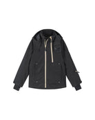 Front view of a black Reima Jr Tieten Jacket featuring a waterproof Reimatec shell, detachable safety hood, zipped sleeve ski pass pocket, and full front zipper storm flap.