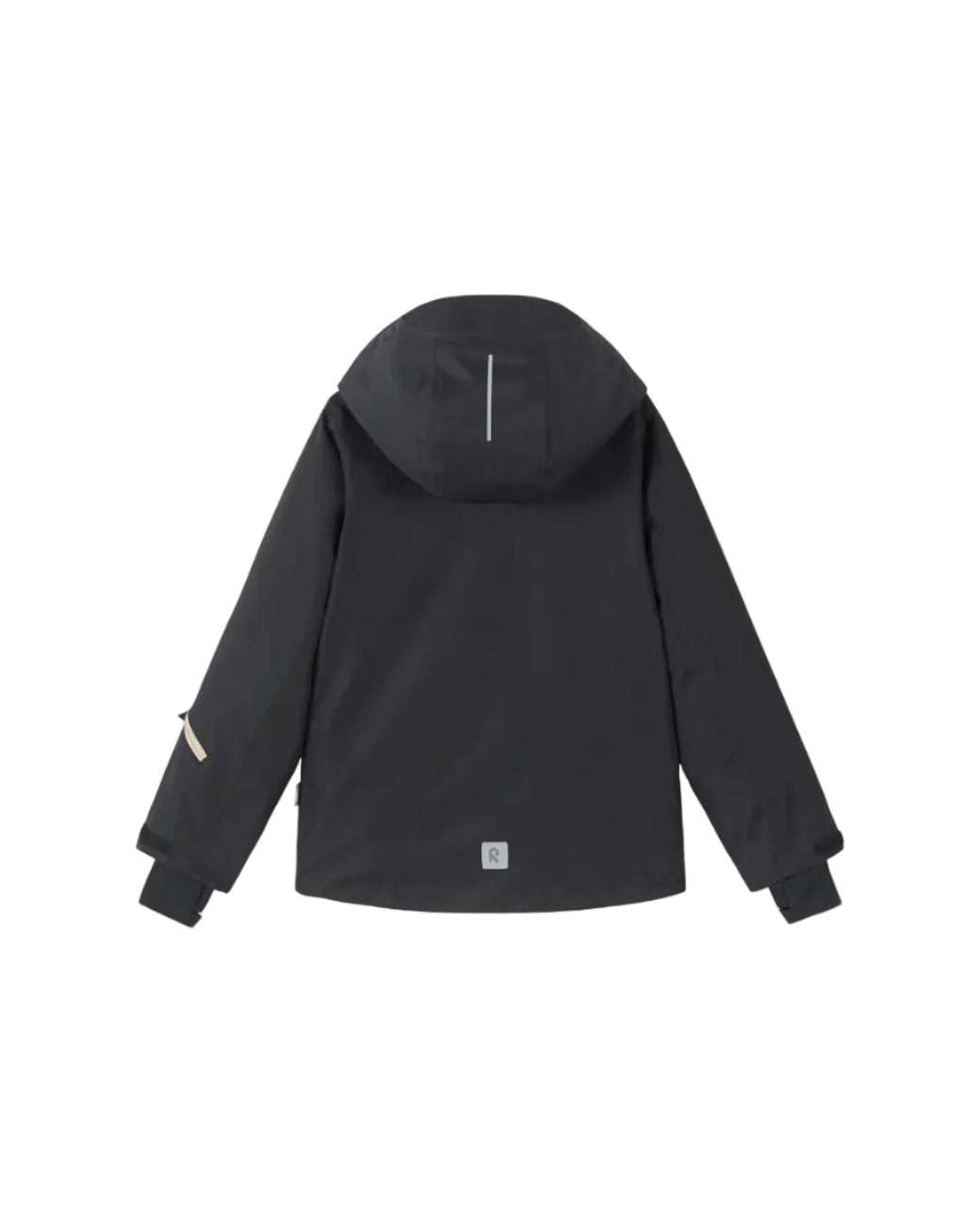 Rear view of a black Reima Jr Tieten Jacket featuring a waterproof Reimatec shell, detachable safety hood, zipped sleeve ski pass pocket, and full front zipper storm flap.