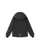 Rear view of a black Reima Jr Tieten Jacket featuring a waterproof Reimatec shell, detachable safety hood, zipped sleeve ski pass pocket, and full front zipper storm flap.
