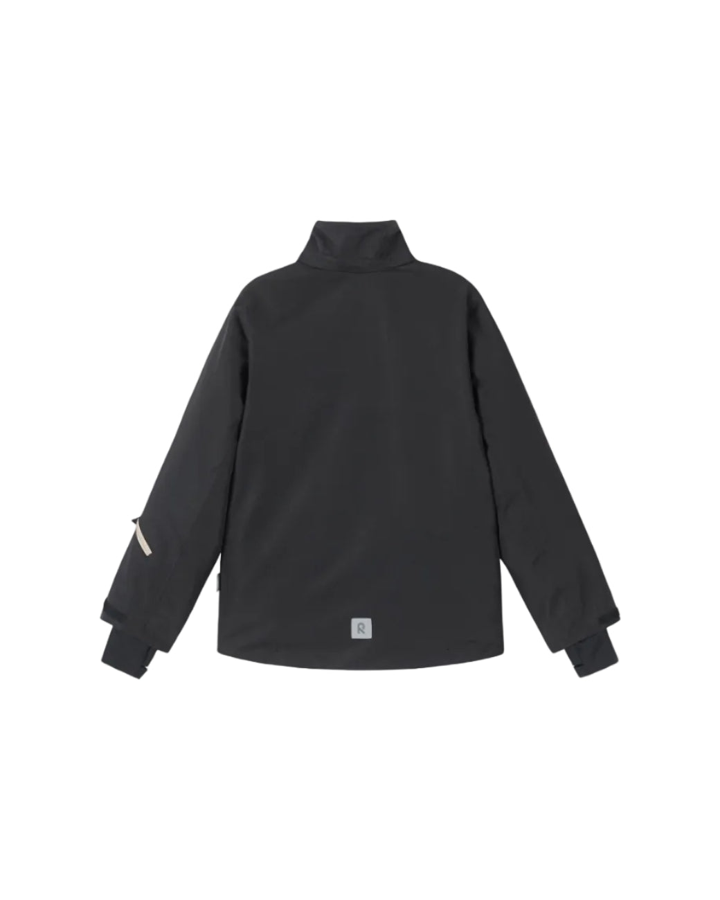 Rear view of a black Reima Jr Tieten Jacket featuring a waterproof Reimatec shell, detachable safety hood, zipped sleeve ski pass pocket, and full front zipper storm flap.