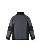 Rear view of a black Reima Jr Liukuen Fleece Sweater featuring a full-length front zipper with chin guard, soft knit Seawool fabric, stretchy side panels, and a zippered chest pocket.