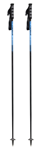 Two ski poles with blue and black design on a white background