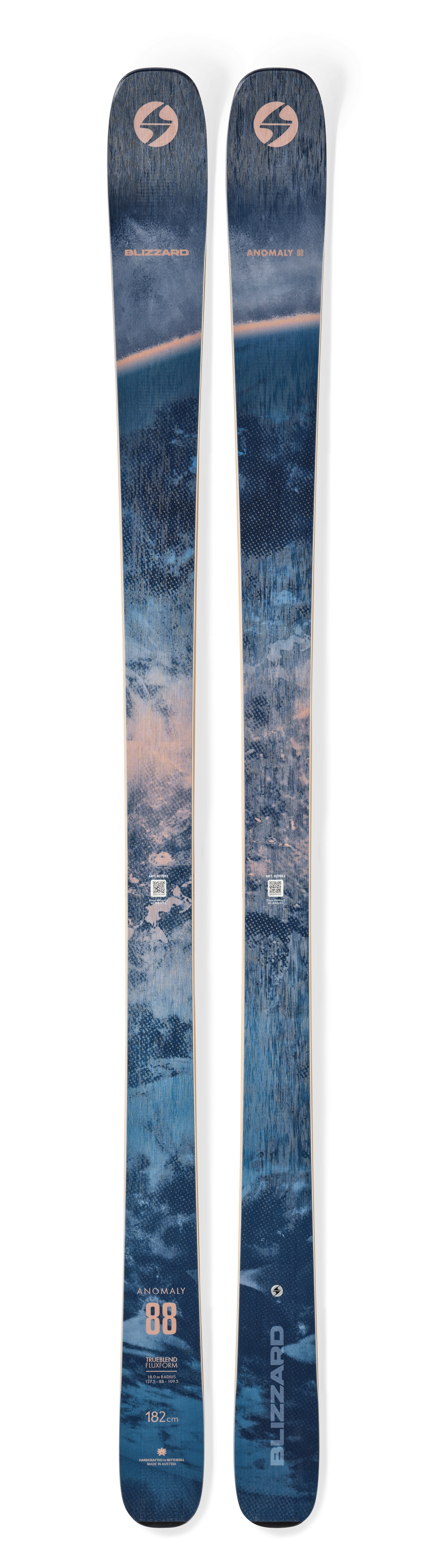 Blizzard Anomaly 88 all-mountain skis in Blue/Gold, featuring an 88mm waist and lightweight core for versatile performance.