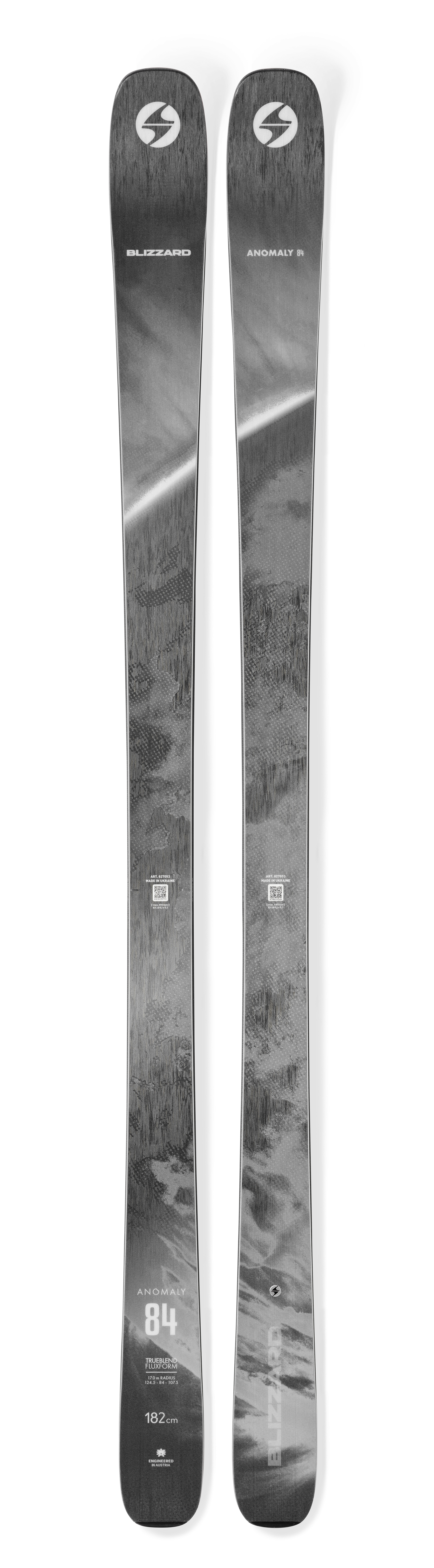  Blizzard Anomaly 84 skis in Black/Grey, a lightweight 84mm-waist ski built for agile groomer and resort skiing.