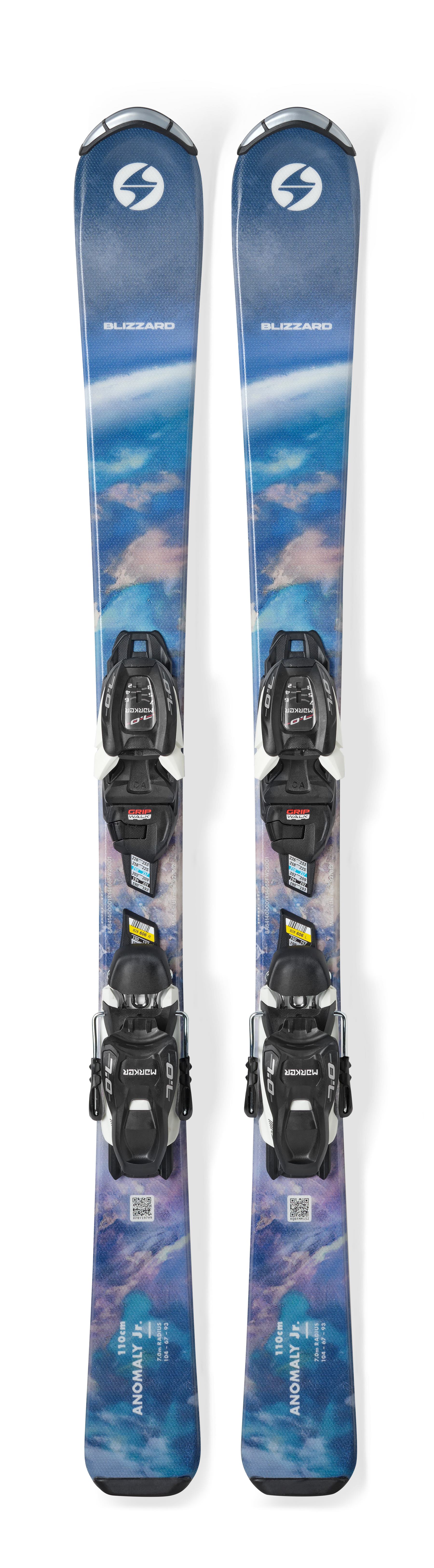 Blizzard Anomaly JR skis in Blue/Orange with 4.5 bindings included, a lightweight beginner ski for young children learning to ski.