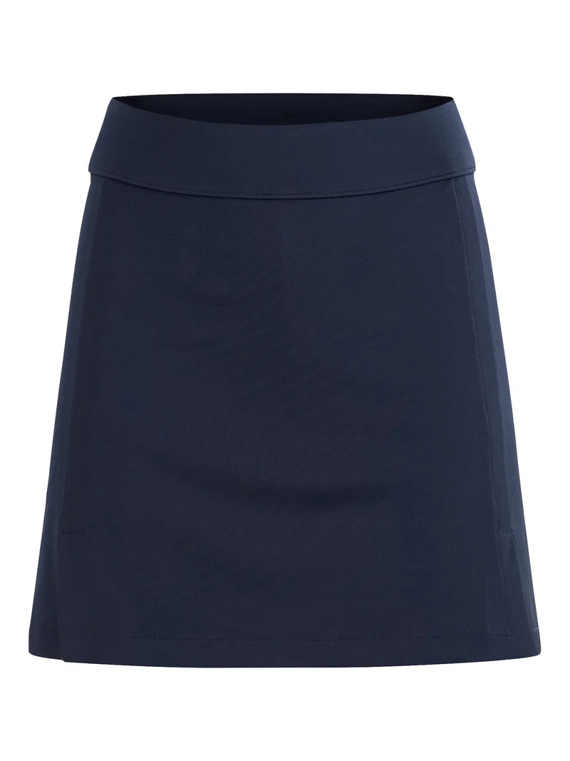 J.Lindeberg Women's Amelie Mid Golf Skirt, golf apparel, women’s golf skirt, stylish golf skirt, mid-length golf skirt, stretchy golf skirt, comfortable waistband, golf clothing, performance golf wear, Swiss Sports Haus, West Vancouver golf shop, women’s golf fashion, golf outfit.