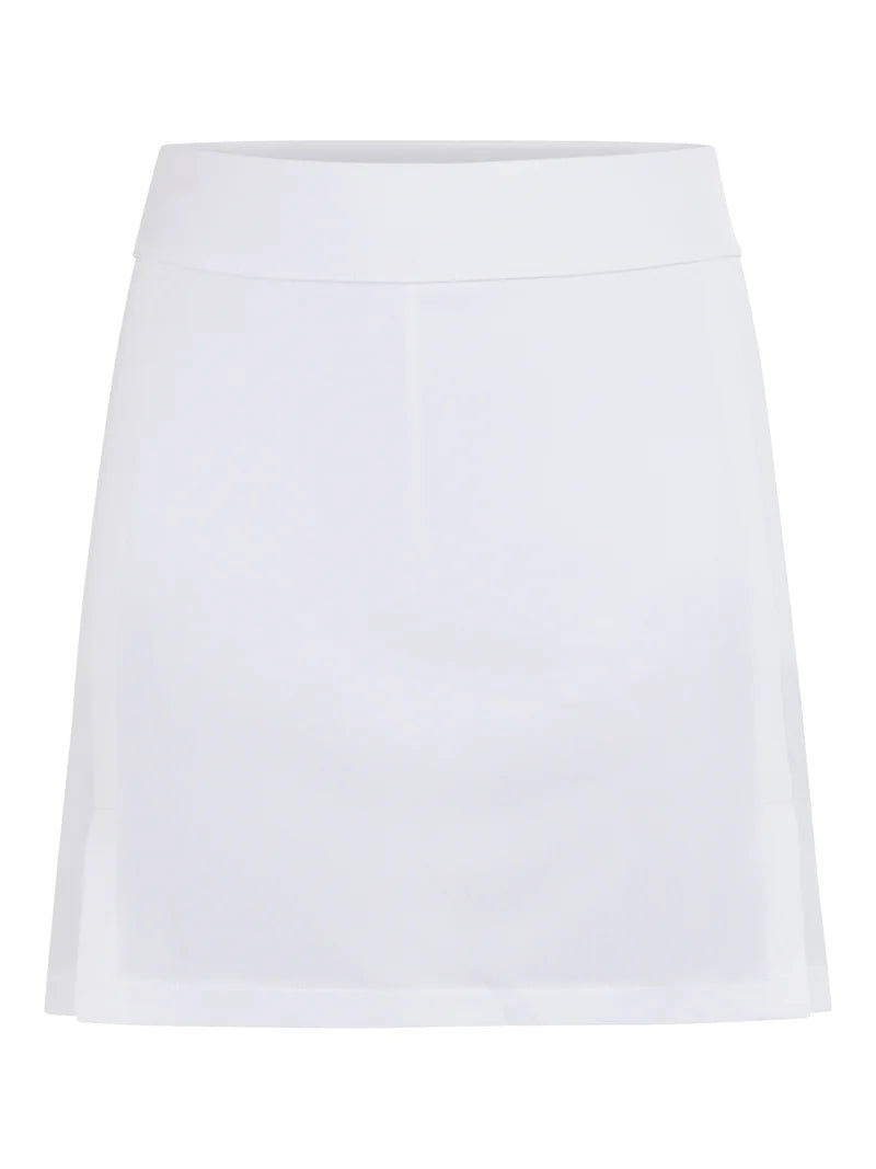 J.Lindeberg Women's Amelie Mid Golf Skirt, golf apparel, women’s golf skirt, stylish golf skirt, mid-length golf skirt, stretchy golf skirt, comfortable waistband, golf clothing, performance golf wear, Swiss Sports Haus, West Vancouver golf shop, women’s golf fashion, golf outfit.