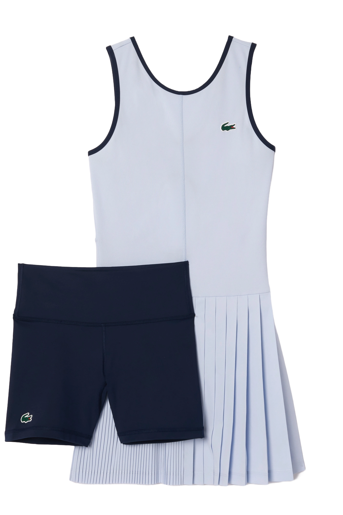 Lacoste Women's Ultra-Dry Stretch Tennis Dress, Lacoste Women's Tennis Shorts, women's tennis clothing, ultra-dry fabric, stretch tennis dress, stretch tennis shorts, tennis apparel, tennis gear, women's sportswear, breathable tennis dress, moisture-wicking tennis dress, high-performance tennis wear, tennis outfit, Swiss Sports Haus, West Vancouver tennis shop, tennis dress and shorts set, stylish tennis apparel, Lacoste tennis clothing.