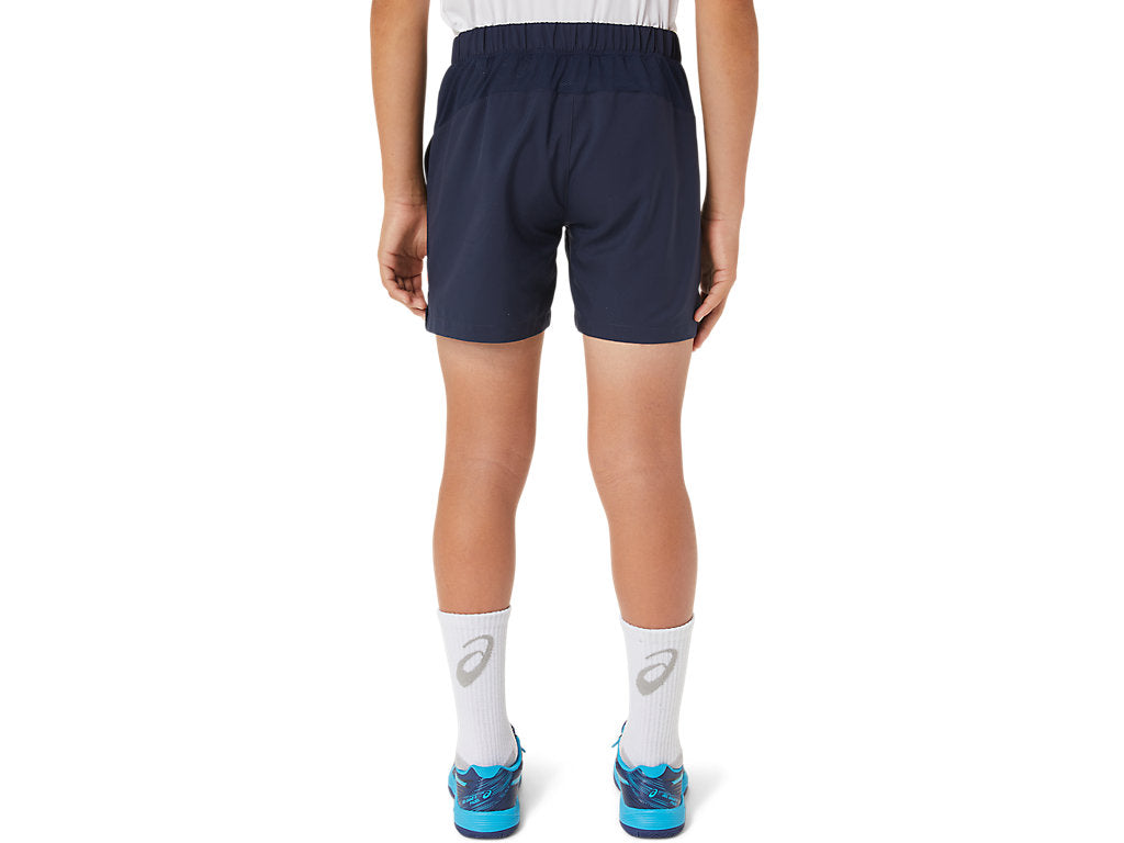  Asics Boys Tennis Shorts, boys tennis apparel, tennis shorts, activewear, lightweight tennis shorts, moisture-wicking fabric, elastic waistband, tennis gear, sports shorts, comfortable tennis wear, Swiss Sports Haus, West Vancouver sports store.