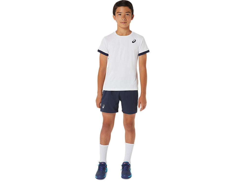  Asics Boys Tennis Shorts, boys tennis apparel, tennis shorts, activewear, lightweight tennis shorts, moisture-wicking fabric, elastic waistband, tennis gear, sports shorts, comfortable tennis wear, Swiss Sports Haus, West Vancouver sports store.