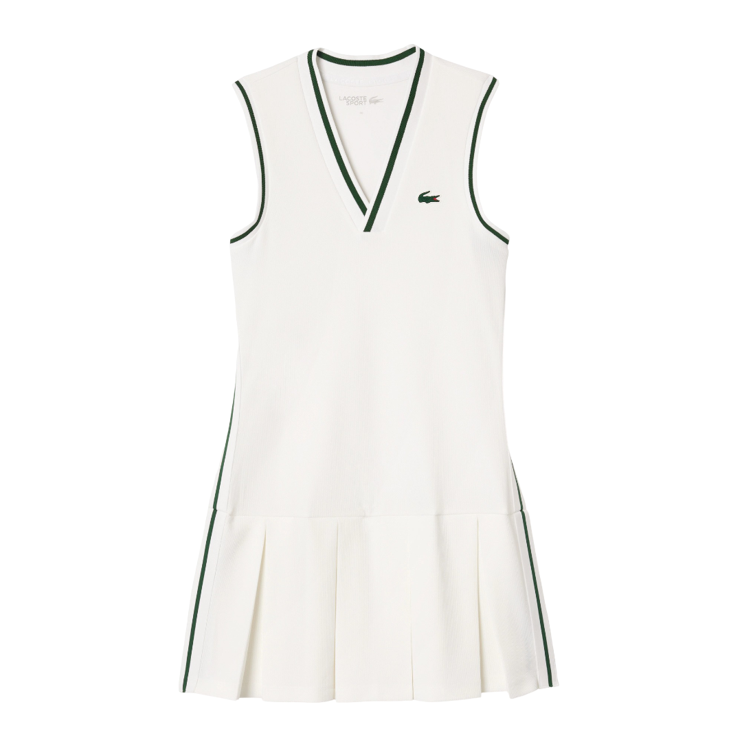 Lacoste Women's Sport Dress, removable piqué shorts, tennis dress, women's tennis apparel, moisture-wicking fabric, breathable mesh panels, versatile sports dress, comfortable tennis wear, women's sportswear, Lacoste dress, Swiss Sports Haus, West Vancouver tennis shop, tennis clothing, stylish tennis outfit, women's activewear.